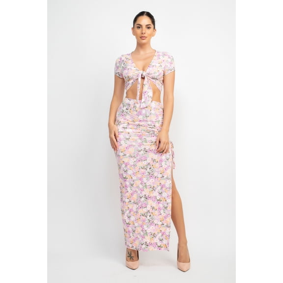 Front Knot Floral Top & Ruched Maxi Skirts Set Pink Lavender L