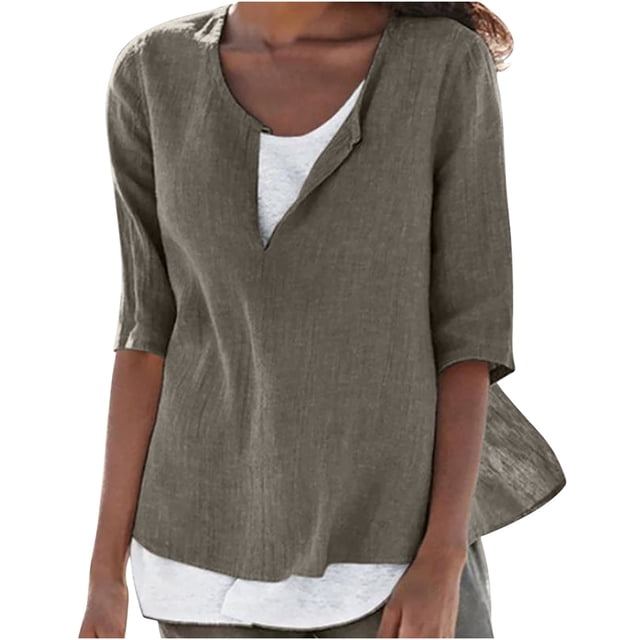 aidice Plus Size Womens T Shirts Cotton Linen Loose Scoop Neck 3/4 Sleeve Lightweight Color Block Shirts