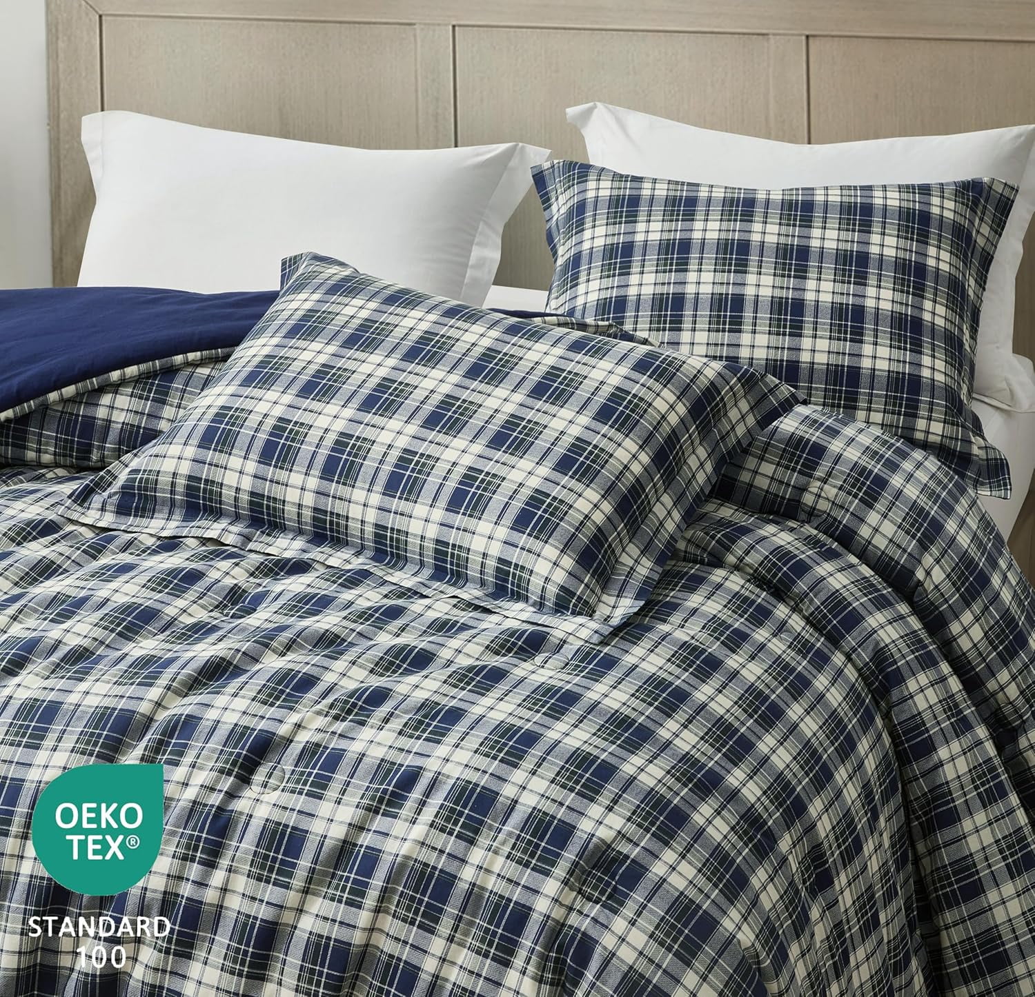 Chezmoi Collection Chad 2-Piece Washed Cotton Comforter Set Twin Size, Blue Green Light Beige Plaid Printed Bedding Set Reversible Lightweight Comforter for All Season