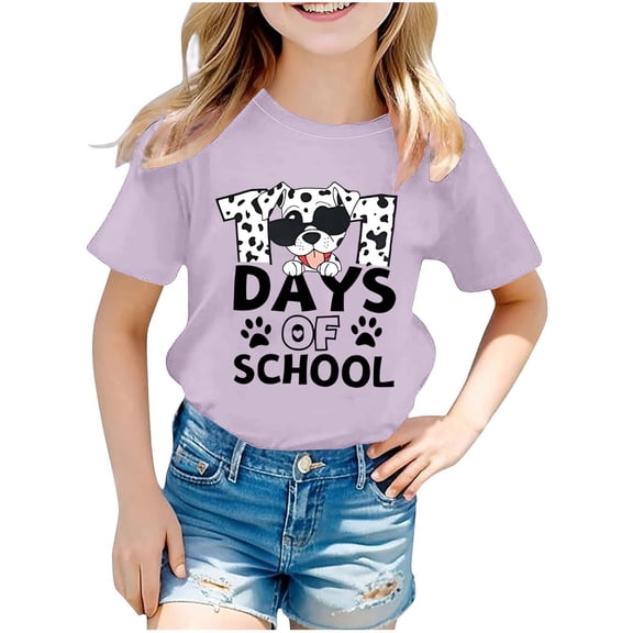 SGFCWSX Girls 100 Days of School Short Sleeve T-Shirt, Kids Soft Daily Campus Graphic Tees Casual Summer Outfit Purple Size 11-12 Years