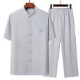 thumbnail image 2 of HVOBTTY Mens Comfy Pajama Set, Summer Pajama Set for Men, Men's Fashion Casual Soft Solid Color Stand Collar Short Sleeve Top and Long Pants Sport Sleepwear or Outdoor Set Gray, M, 2 of 5