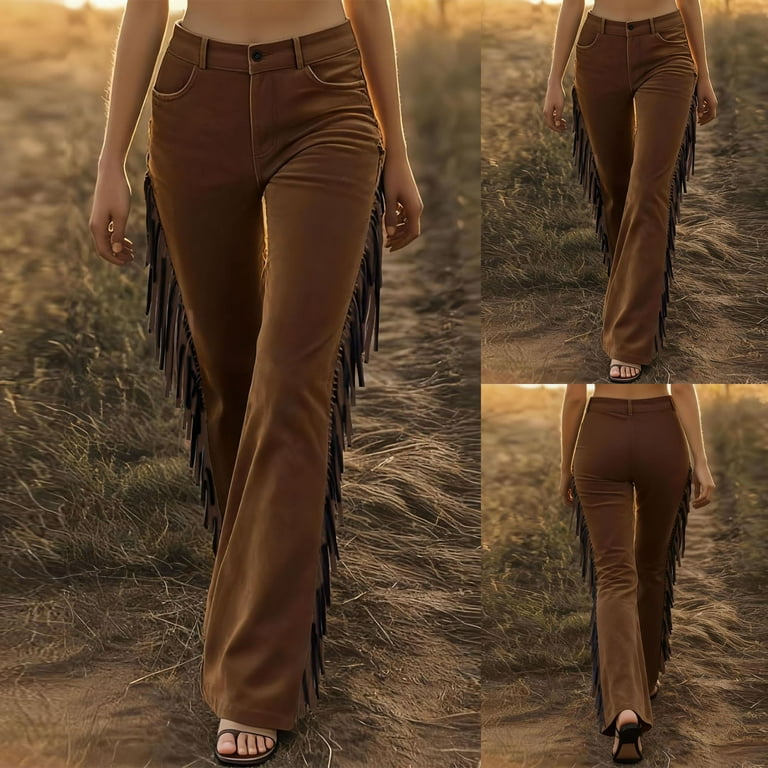 Xdegoge Fringe Jeans for Women Flared Leg High Rise Boho Suede
