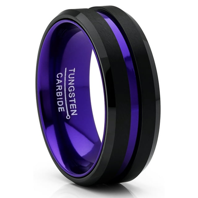 Men's Tungsten Carbide Ring Grooved Wedding Band Color Interior 8MM Blue Red Green Red