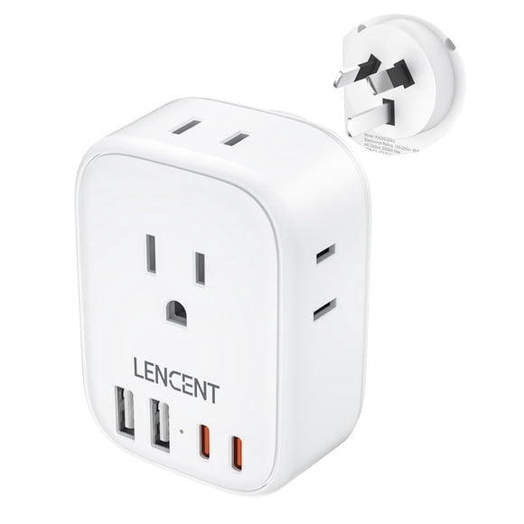 LENCENT Adaptador de Enchufe Australiano Tipo I, Adaptador de Corriente para AU, Cargador con 4 Salidas CA y 4 Puertos USB (2 UBS C), Multicontacto para Viaje de M&eacute;xico a Australia, Argenti