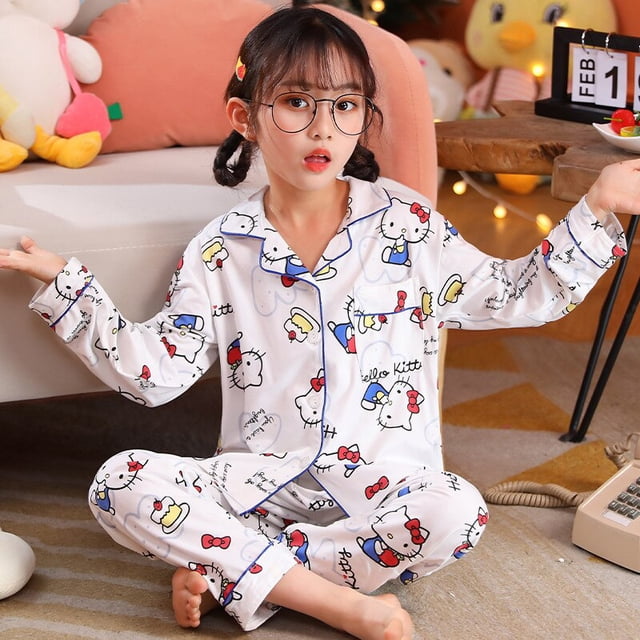 Sanrio-Pijama de Hello Kitty para niña, traje de manga larga con dibujos animados de Cinnamoroll, ropa de Anime para el hogar