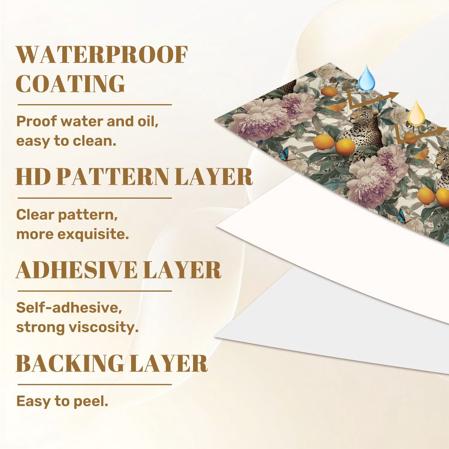 Peel and Stick Wallpaper Leopard Butterfly Floral Oranges Peonies Wall Mural 23.6in x 9.8ft Self Adhesive Removable Wall Paper Renter Friendly Wallpaper for Nursery Bedroom Cabinets