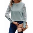thumbnail image 2 of Women'S Solid Color Long Sleeve Embroidered Lace Stitching Waffle Round Neck Top Lake Blue XL, 2 of 8