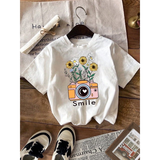 Young Girl Casual Cartoon Flower Camera Print Short Sleeve Solid Color T-Shirt, Summer