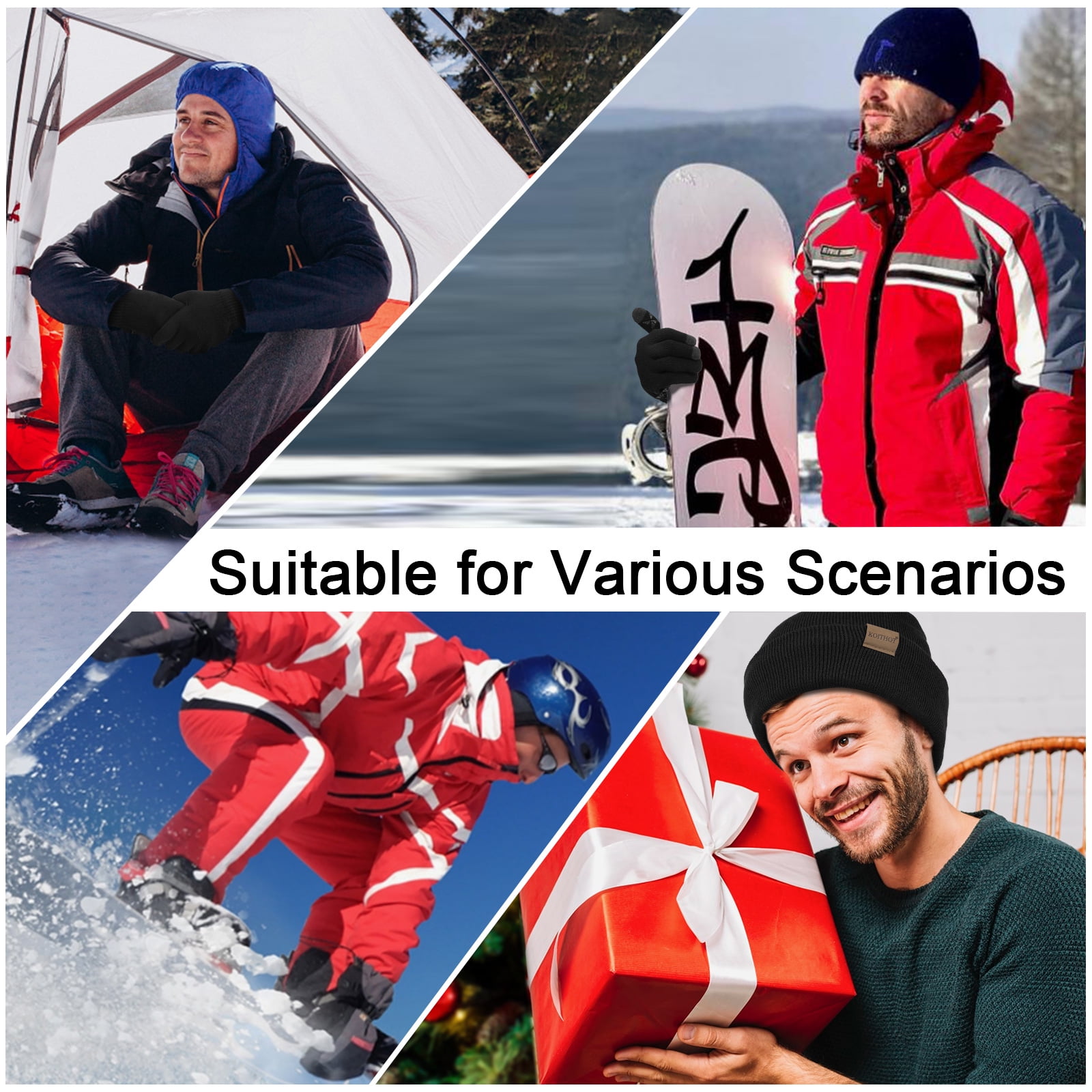 KOITHOT 5 Pcs Winter Beanie Hat Scarf Touchscreen Gloves Set with Wool Socks for Men Women Black