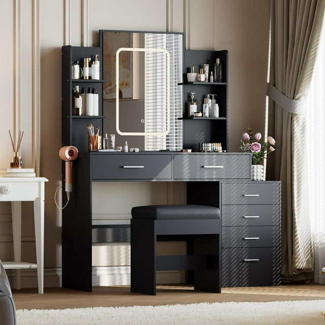 Makeup Vanity Desk with LED Mirror – 3-Color Lighted Makeup Table with 6 Drawers & 4 Open Shelves, Adjustable Lighting, Stool, and Built-In Charging Station