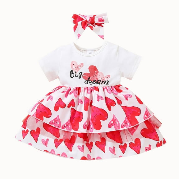 Odeerbi Girls Dresses Baby Girl Clothes Newborn 2025 Valentine's Day Heart Print Bubble Tulle Princess Dress