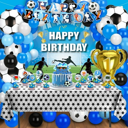 Soccer Birthday CORNET Decorations, 131PCS Blue Soccer Birthday Supplies Including Tablecloth Backdrop Banner Cake Topper Latex Balloons Foil Balloons Decorations Kit for Sport Ball Theme