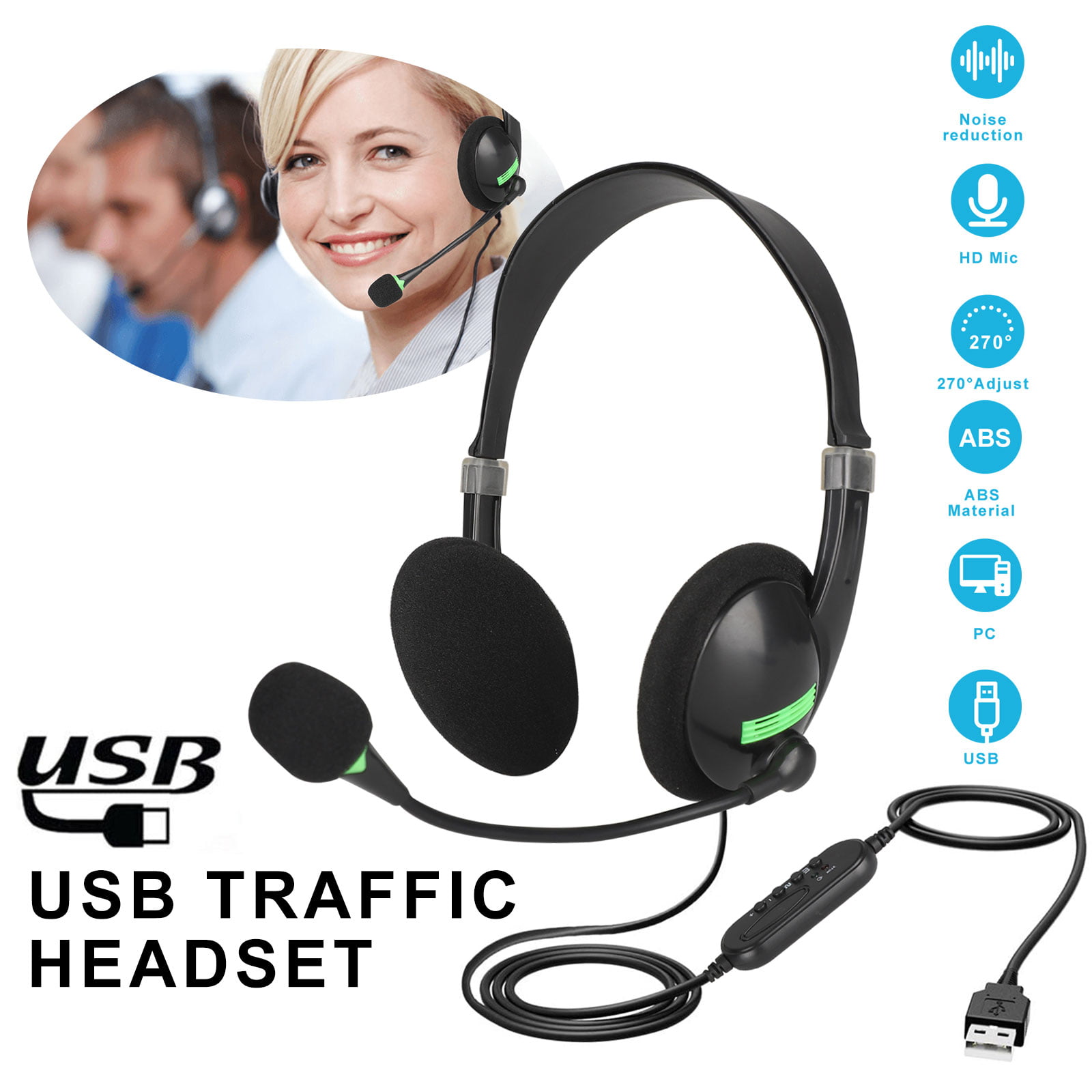 USB Headsets Stereo with Noise Cancelling Mic and in-line Controls, PC Business Headset fits for Skype, SoftPhone, Call Center - Crystal Clear Chat, Super Lightweight, Ultra Comfort (Black)