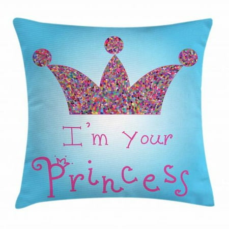 Princess Mosaic - I am a Princess Throw Pillow Cushion Cover, Romantic Quote Couples in Love Colorful Mosaic Style Crown Tiara, Decorative Square Accent Pillow Case, 18 X 18 Inches, Blue Pink Multicolor, by Ambesonne