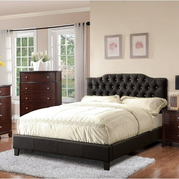 Black Faux Leather Full Size Bed 1pc Bedframe Tufted Headboard Plywood Slats Platform Bed Modern Bedroom Furniture
