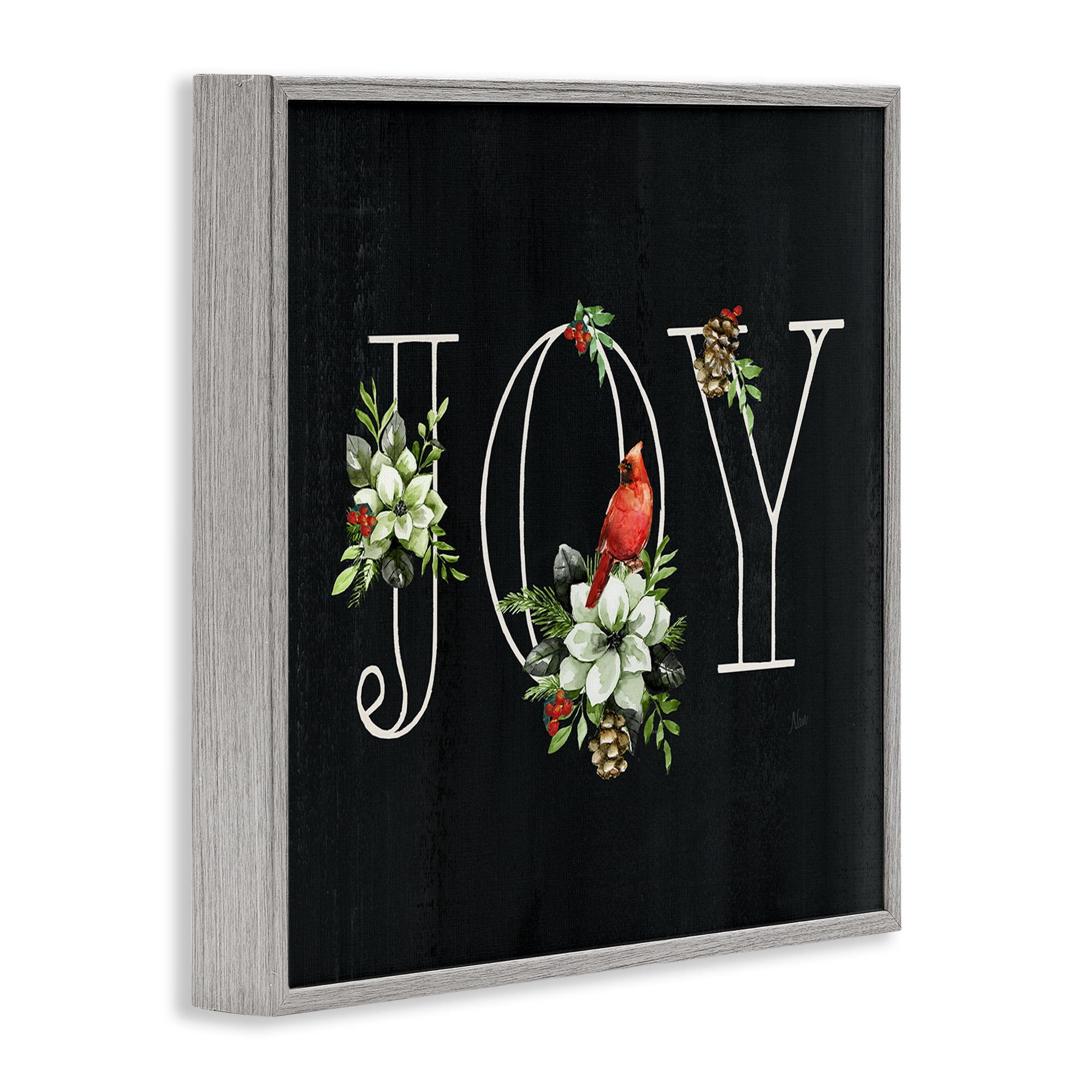 Stupell Industries Joy Letters with Florals Holiday Painting Gray Framed Art Prints Wall Art, 24 x 24