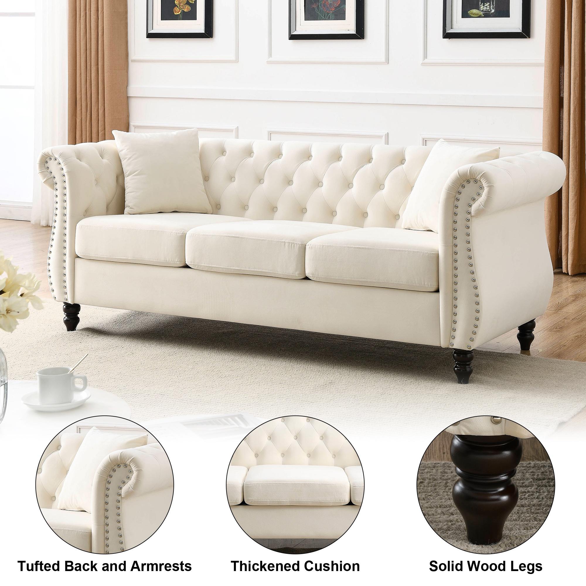 FURNINEST Living Room Sofa Furniture, Mid-Century 3-Seat Couches and Sofas, Velvet Upholstered Sofa Sofa with 2 Pillows and Wood Legs, Velvet Sofa for Living Room Bedroom, 80"L x 29"W x 30"H, Beige