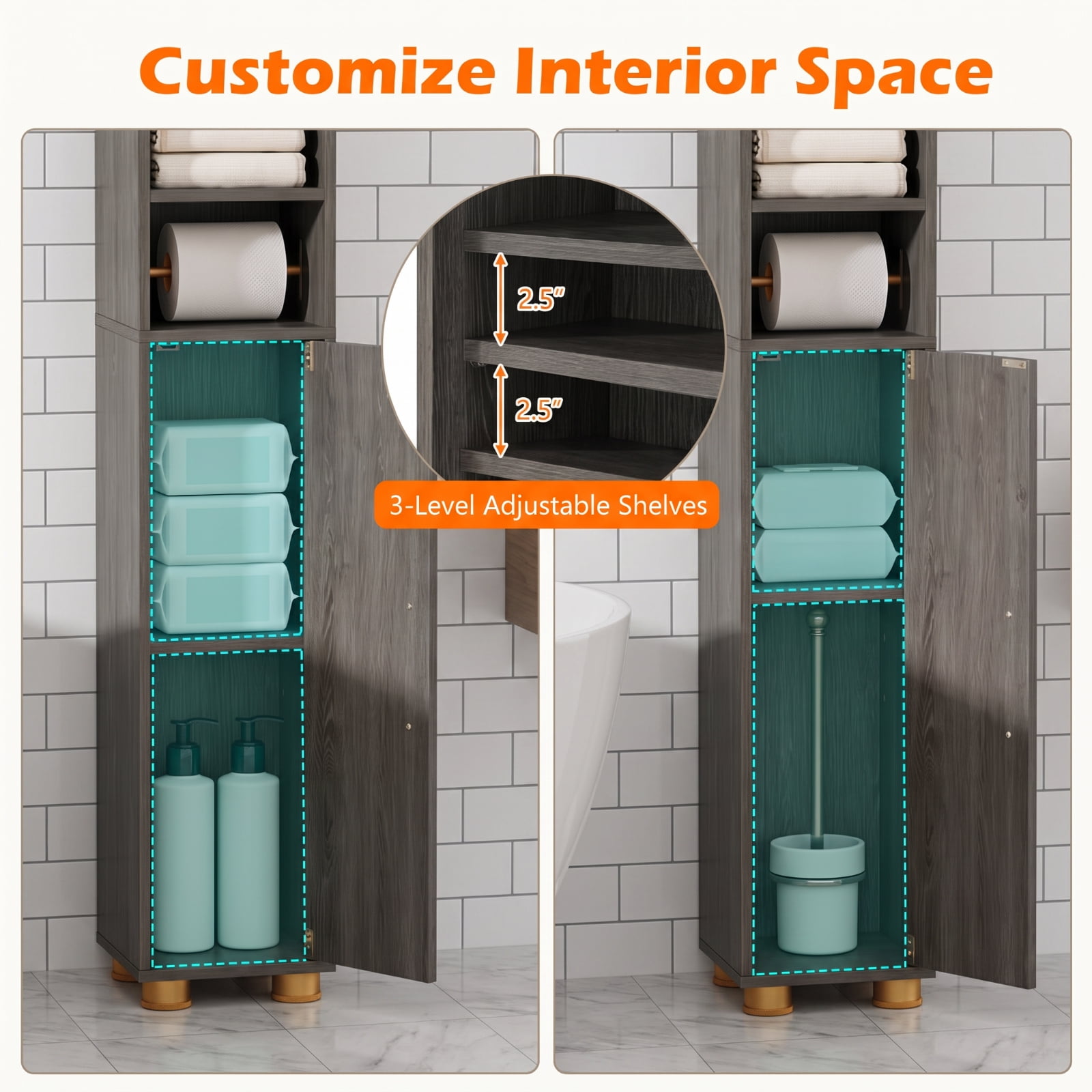 Vebreda Narrow Bathroom Storage Cabinet, Tall Freestanding Slim Tower with 2 Closed Cabinets, Open Shelves and Toilet Paper Holder, Adjustable Shelves, Hook and Golden Handles, Gray