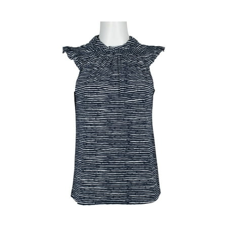 Adrianna Papell Crew Neck Ruffled Cap Sleeve Keyhole Back Stretch Knit Top-NAVY WAVE STRIPE / S