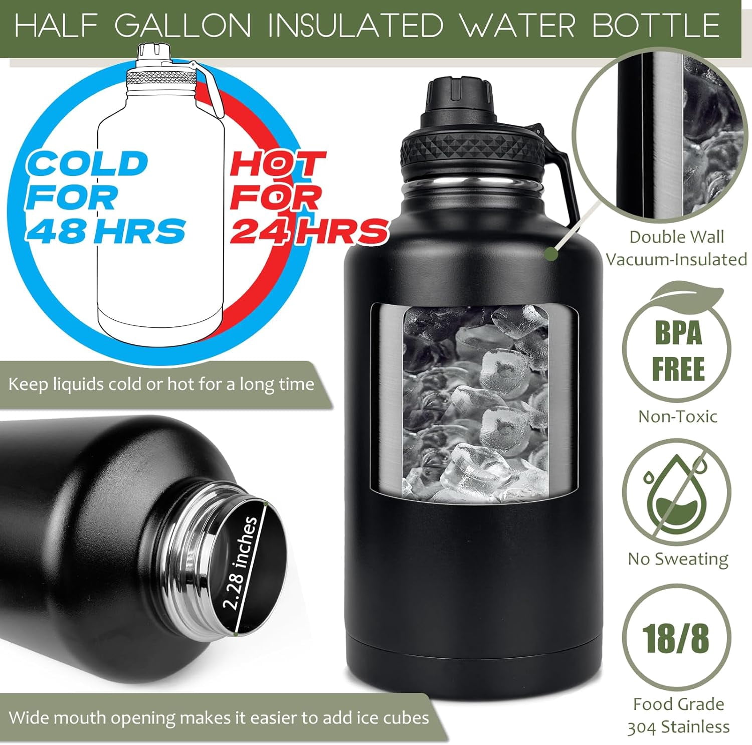 64 Oz Water Bottle Gym Water Bottles for Men Half Gallon Insulated Water Jug with Sleeve and Strap Stainless Steel Large Sports Bottle Workout Hiking