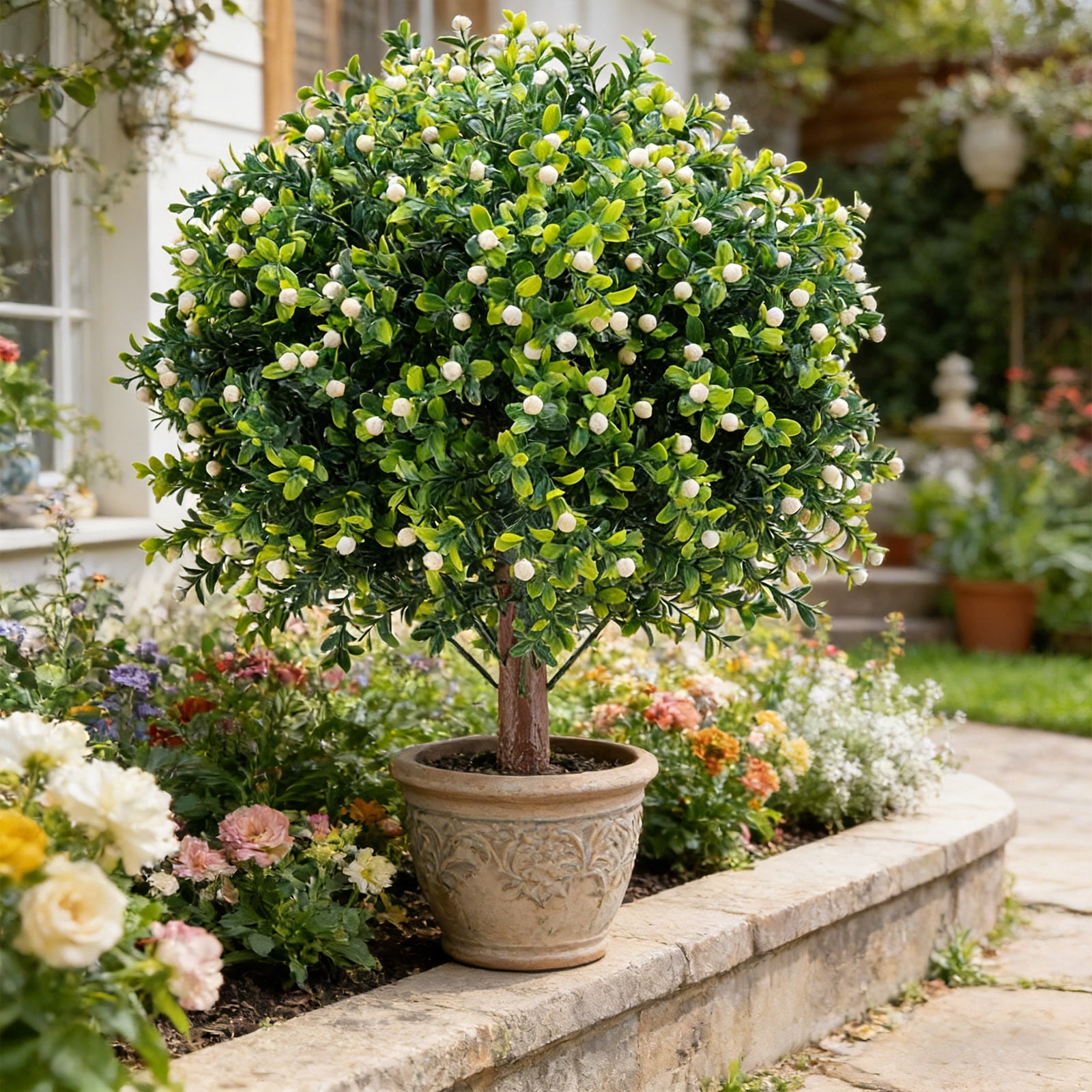 Artificial Boxwood Tree Outdoor Plant Fake Shrub Easy Install No Maintenance Realistic Design, Decorative Faux Plant for Garden Porch Patio Yard Landscaping Home Decor Outdoor Use