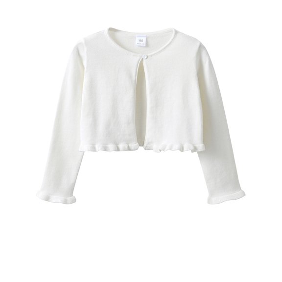 HWJAD Long Sleeve Bolero Shrug for 1-14Y Girls, Toddler Kids One Button Closure Cardigan Ruffle Hem Knit Sweater Cropped Cover Up Coat