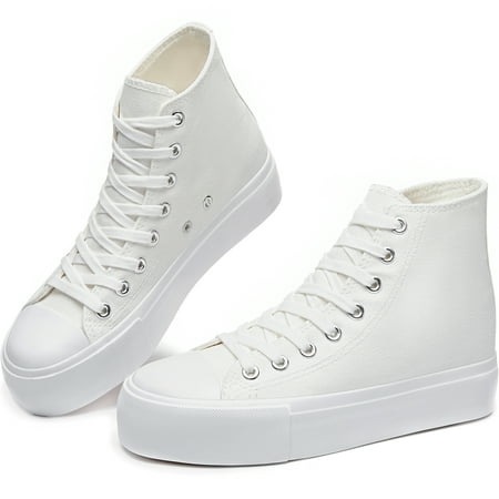 

Obtaom Women’s Platform High Top Canvas Shoes Comfy Platform Hi Top Canvas Fashion Sneakers For women Cute Mid Calf Canvas Thick Sole Walking Shoes(All Whtie US7)