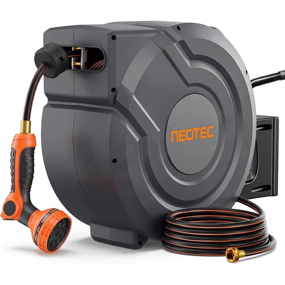 115 ft x 5/8 inch Retractable Garden Hose Reel , Wall Mounted Hose Reel with Automatic Slow Return, Any Length Lock, 9 Pattern Spray Nozzle for Garden