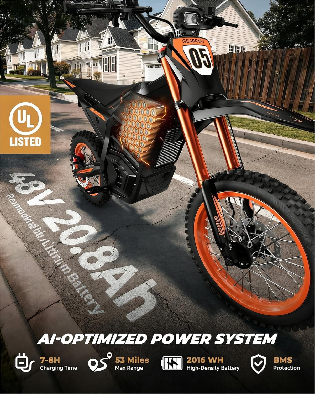 GOLUCKY Electric Dirt Bike, 3500W, 43MPH & 60 Miles, 48V/23.5AH Removable Battery, 14"/12" Tire, Hydraulic Brakes & Full Suspension, Mountain Off-Road E Dirt Bike