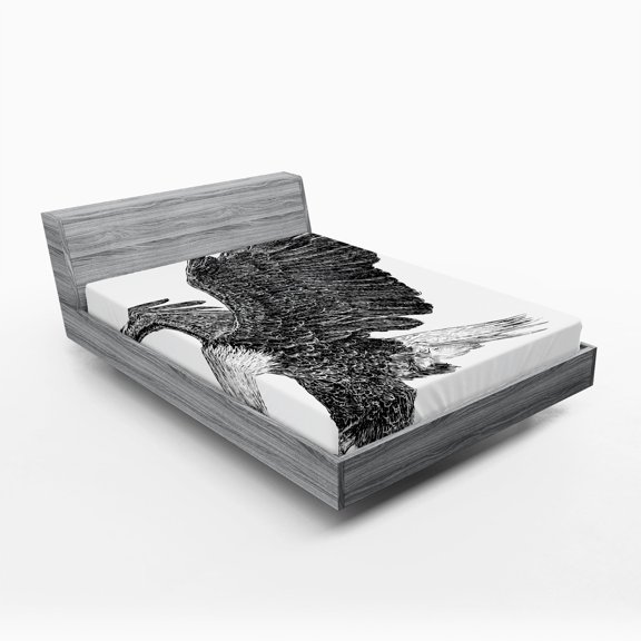 Ambesonne Animal Fitted Sheet, Bald Eagle Swoop Sketchy, Queen Size, Black Pale Grey