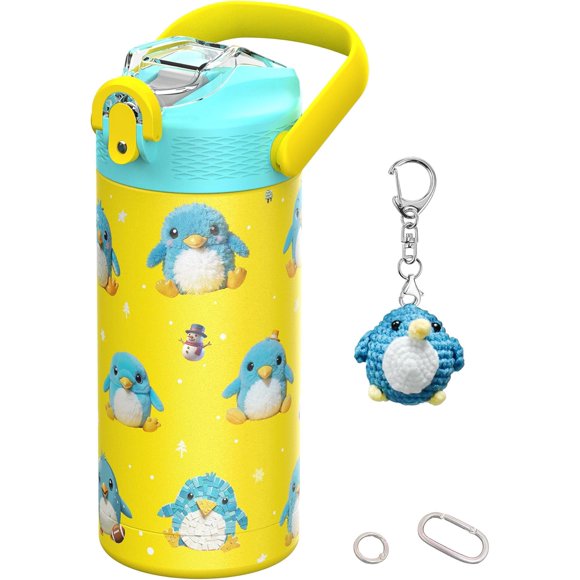MYFOREST 13oz/400ml Insulated Kids Water Bottle, Surgical Grade Steel, High-Resolution Original Pattern, Dishwasher-Safe, Name Badge, Carabiners (Yellow, Blue Penguins)