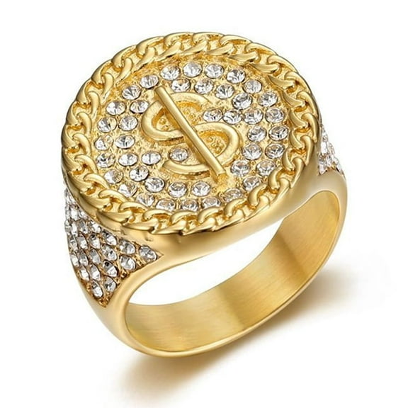 14K Yellow Gold Titanium Hip Hop Punk US Dollar Money Sign Iced Out Rings for Men Women Couple Friend Gift Fashion Jewelry W586