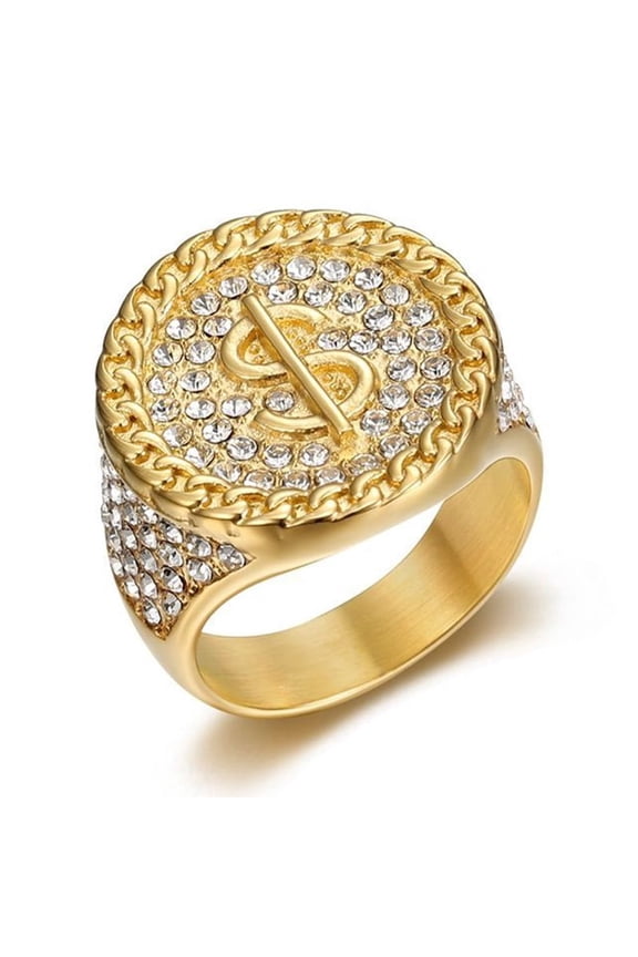 14K Yellow Gold Titanium Hip Hop Punk US Dollar Money Sign Iced Out Rings for Men Women Couple Friend Gift Fashion Jewelry W586
