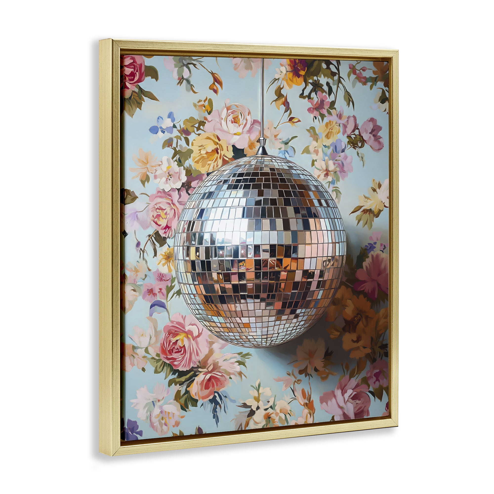 Stupell Industries Floral Disco Ball Reflection Gold Framed Floater Canvas Wall Art, design by LSR Design Studio