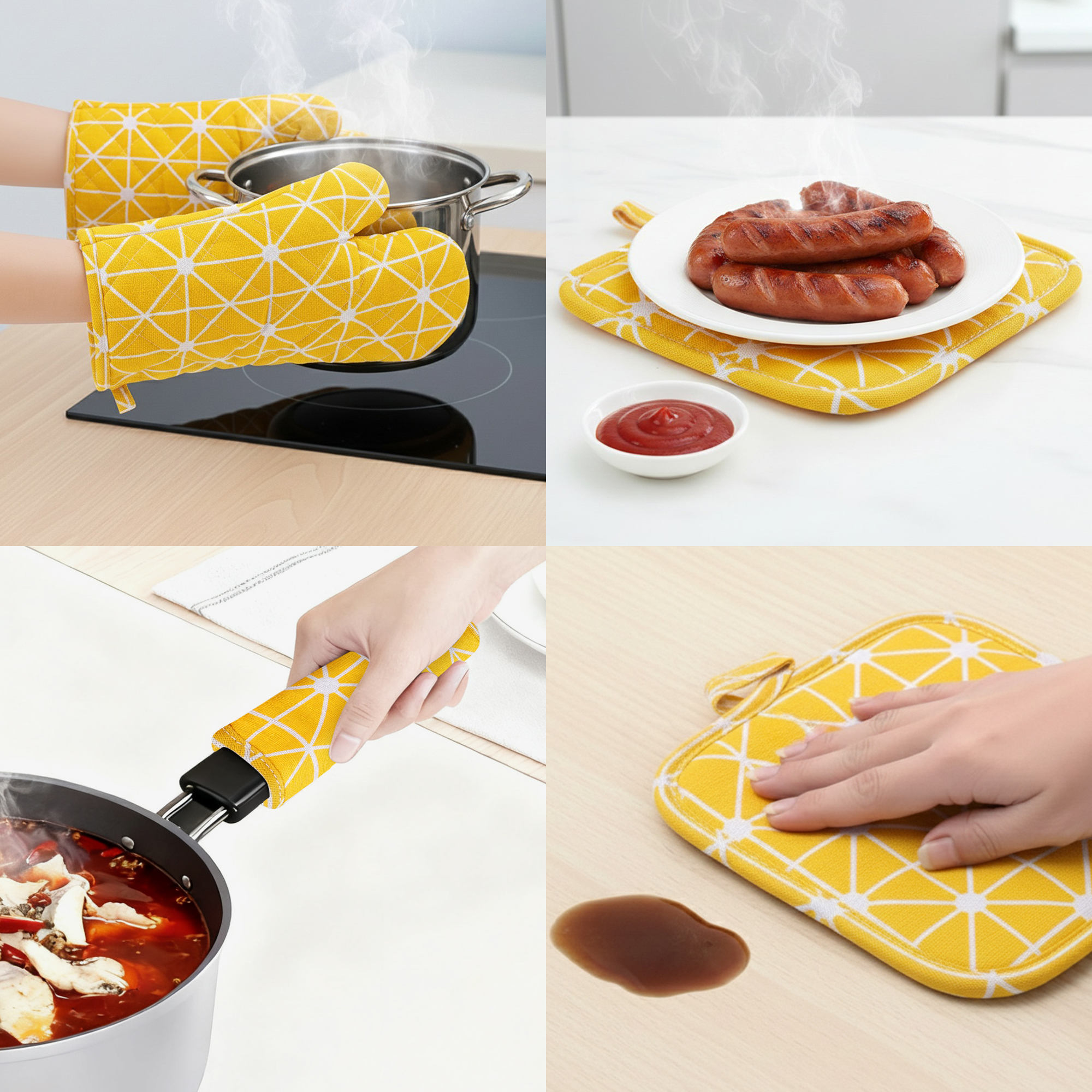 Unique Bargains Heat Resistant Oven Mitts and Pot Holders Sets 4 Pcs Yellow 10.6x6.7 Inch