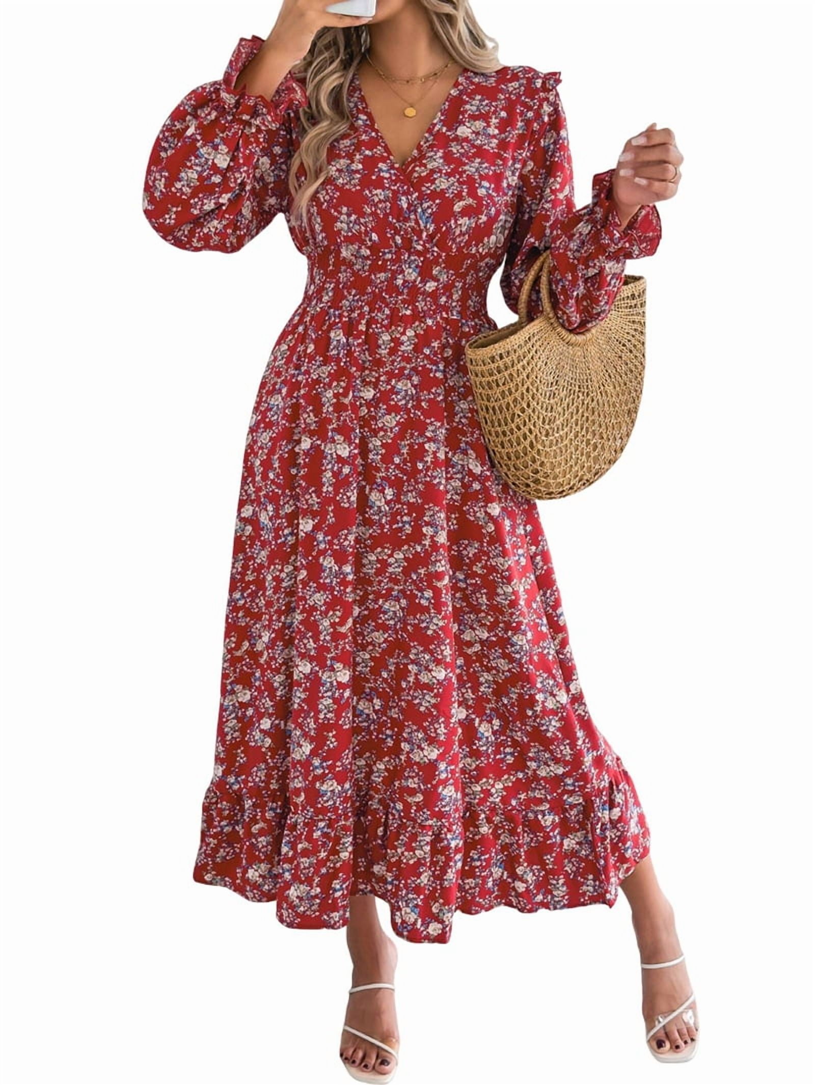 Women'S Long Sleeve Floral Print V-Neck Ruffle Hem Maxi Dress Shirred Waist Red M