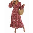 thumbnail image 3 of Women'S Long Sleeve Floral Print V-Neck Ruffle Hem Maxi Dress Shirred Waist Red L, 3 of 9