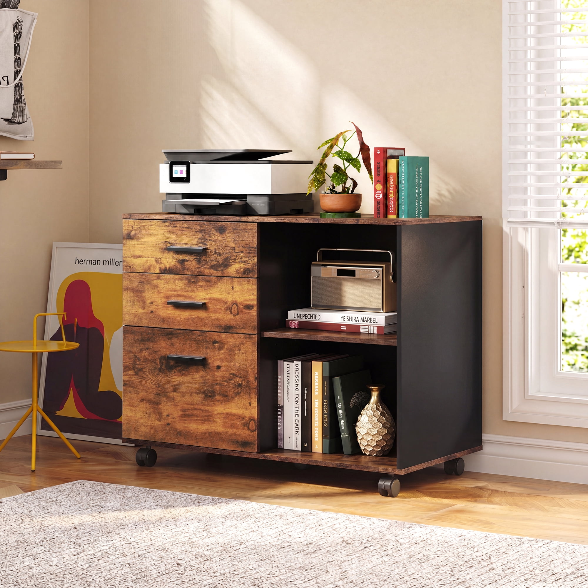 GALAXHERO 3-Drawer Filing Cabinet, Mobile Lateral File Cabinet, Printer Stand with Open Shelves, Wood Office Cabinet, Rustic Brown