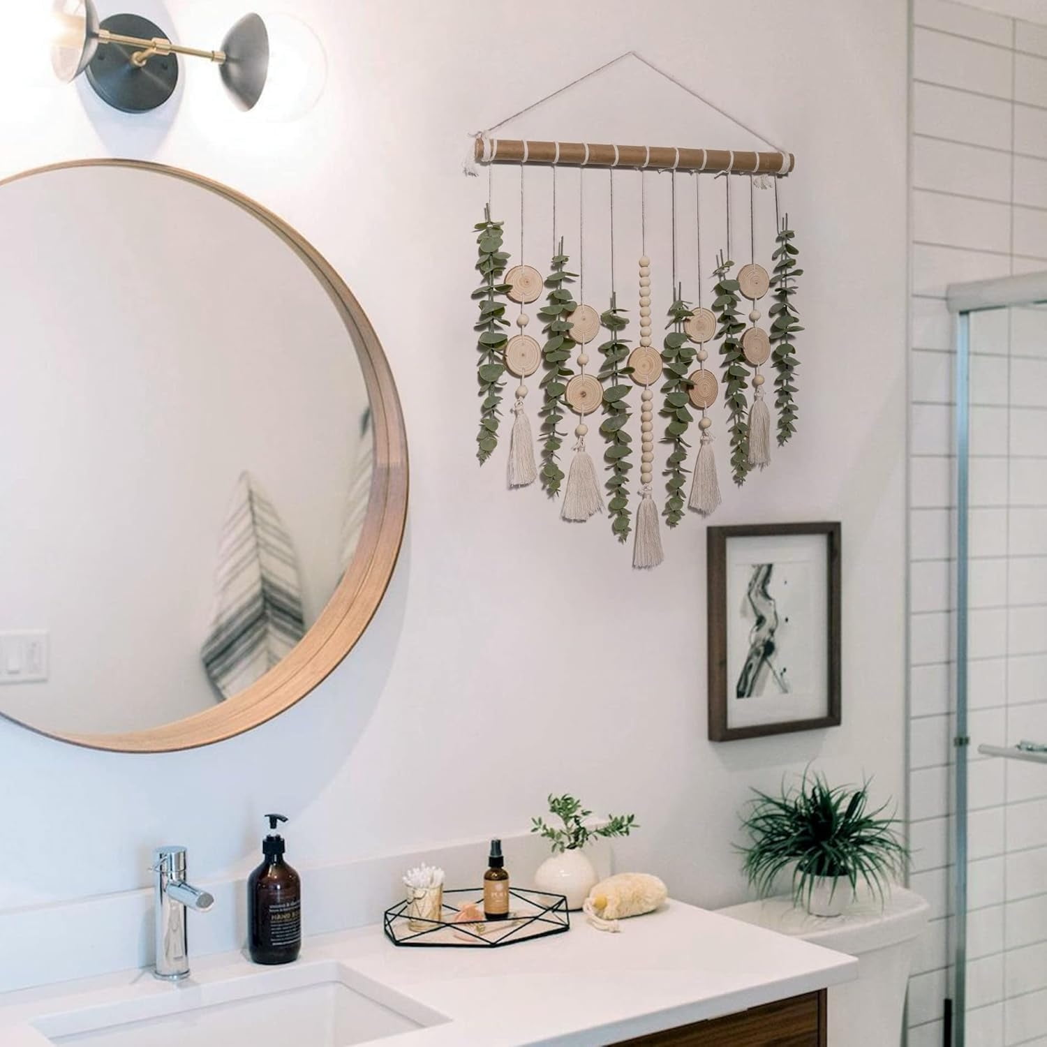 Artificial Eucalyptus Bathroom Decor Topboutique Fake Eucalyptus Greenery Leaves Stems Hanging Leaf Plants with Wooden Bead on 16.5 inch Wooden Stick Farmhouse Aesthetic for Bedroom Living Room Decor