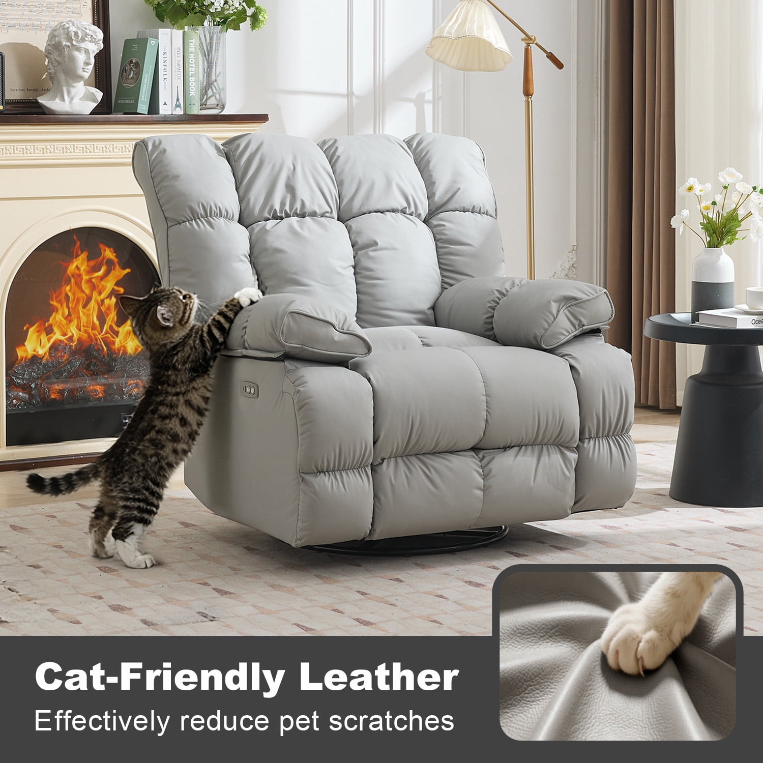 Pmango Pet-friendly Leather Recliner Chair Oversized, XXL Extra Wide Swivel Rocking Recliner, Nursery Modern Single Sofa for Living Room, Electric Adjustable Reclining, USB & Type-C Port, Gray