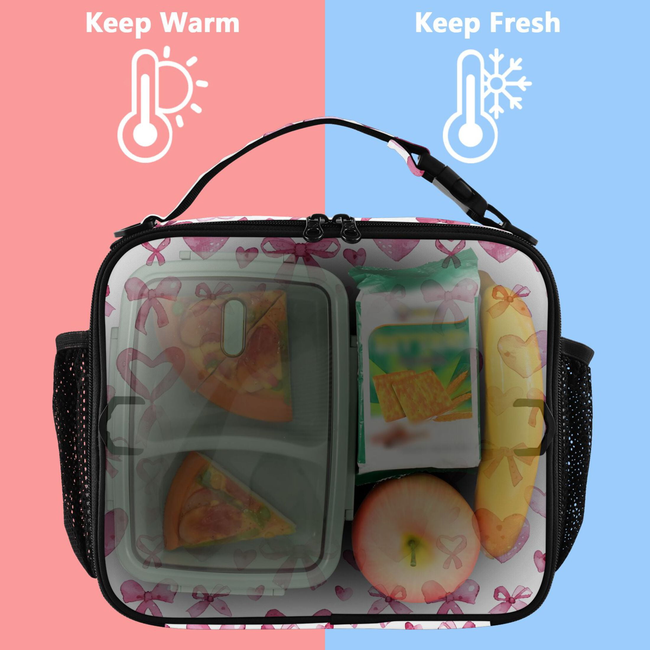 ALAZA Bows and Hearts Lunch Box Insulated Lunch Bag Cooler Tote with Shoulder Strap