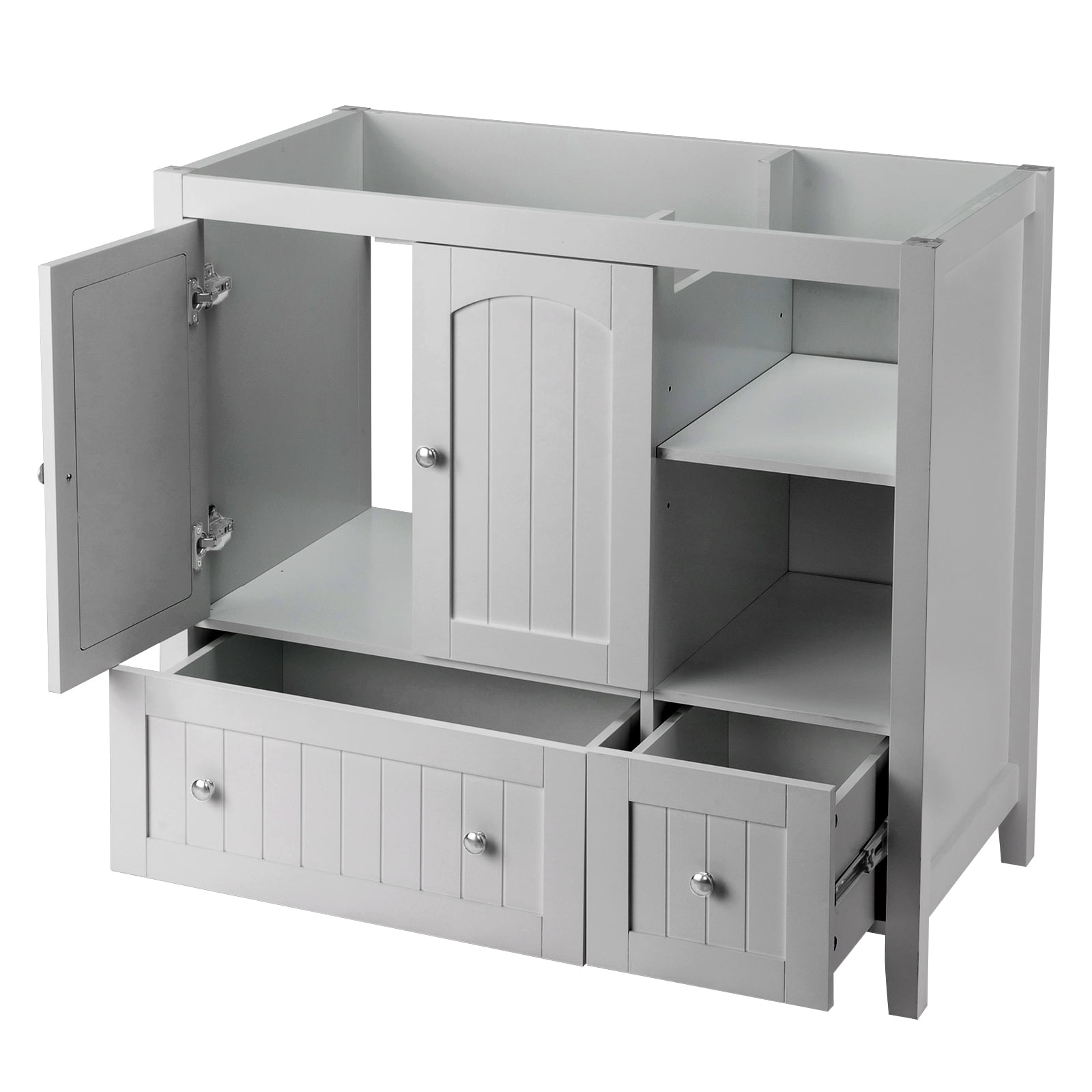 Grey MDF Lacquered Double Door & 2-Drawer Bathroom Vanity Cabinet with Decorative Molding - 91x46x82cm