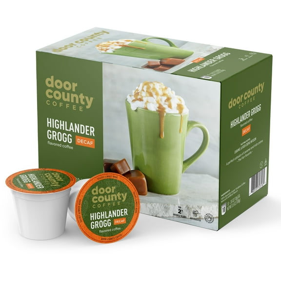 Door County Coffee Highlander Grogg DECAF, Irish Crème and Caramel Flavored Specialty Single-Serve / K Cup Coffee Pods, Medium Roast, 10 Count Box