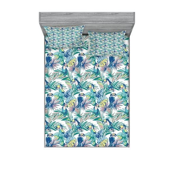 Ambesonne Tropical Fitted Sheet & Pillow Sham Set, Toucan Bird Monstera Leaf, Queen, Violet Blue Sea Green