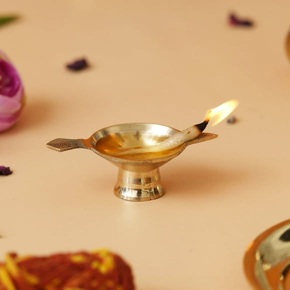 Golden Decorative Brass Diya With Stand & Holder For Pooja, Home Decor, Temple