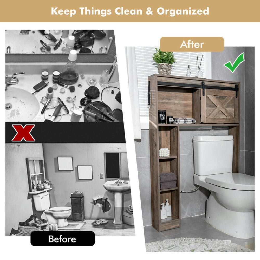 Finihen Toilet Storage Cabinet, Bathroom Cabinet Organizer, 4-Tier Over The Toilet Storage Cabinet with Sliding Barn Door and Storage Shelves, for Bathroom, Brown