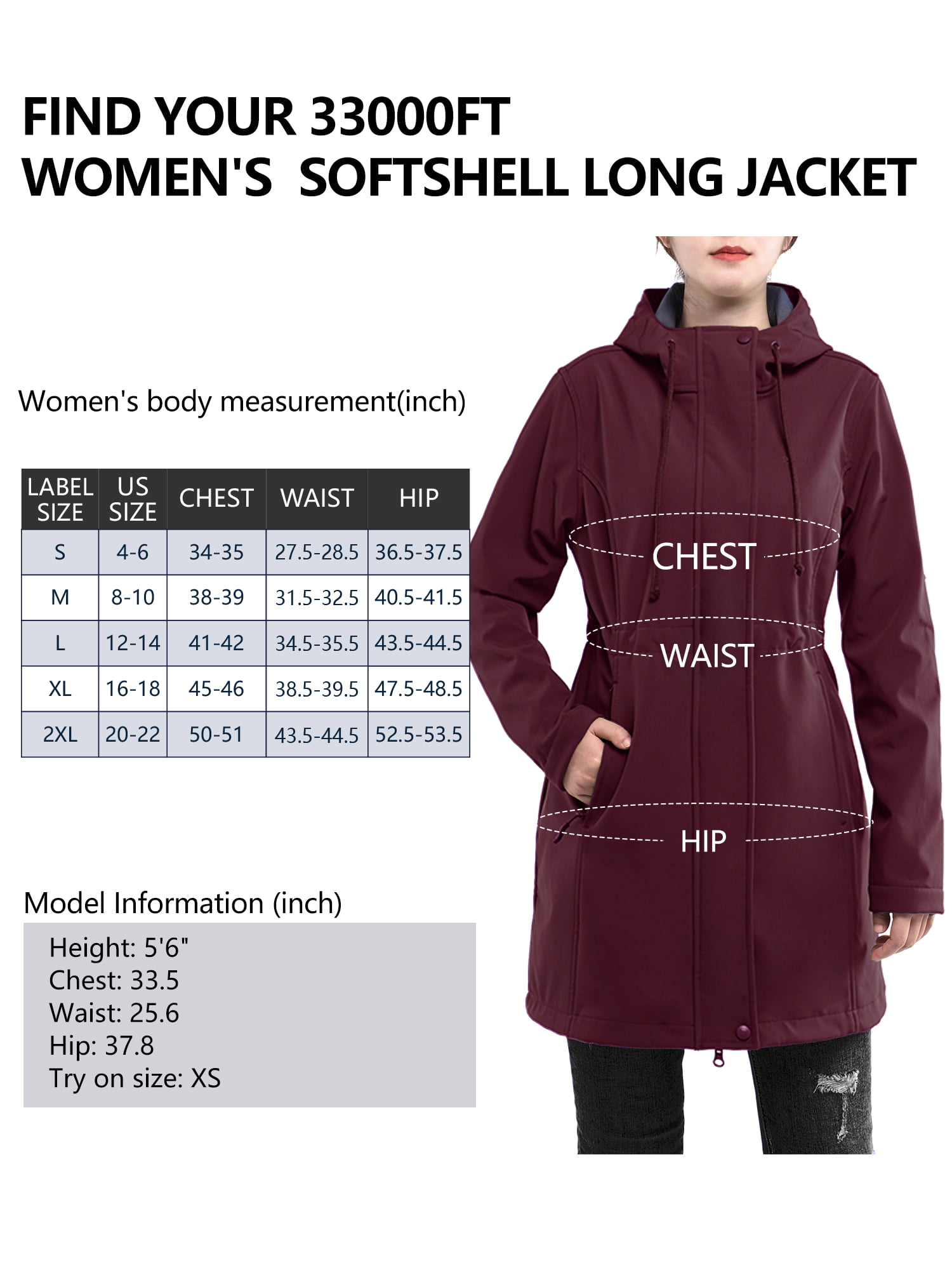 33,000ft Women\'s Softshell Long Jacket Warm Lined with Windproof Windbreaker Hood Waterproof Fleece up