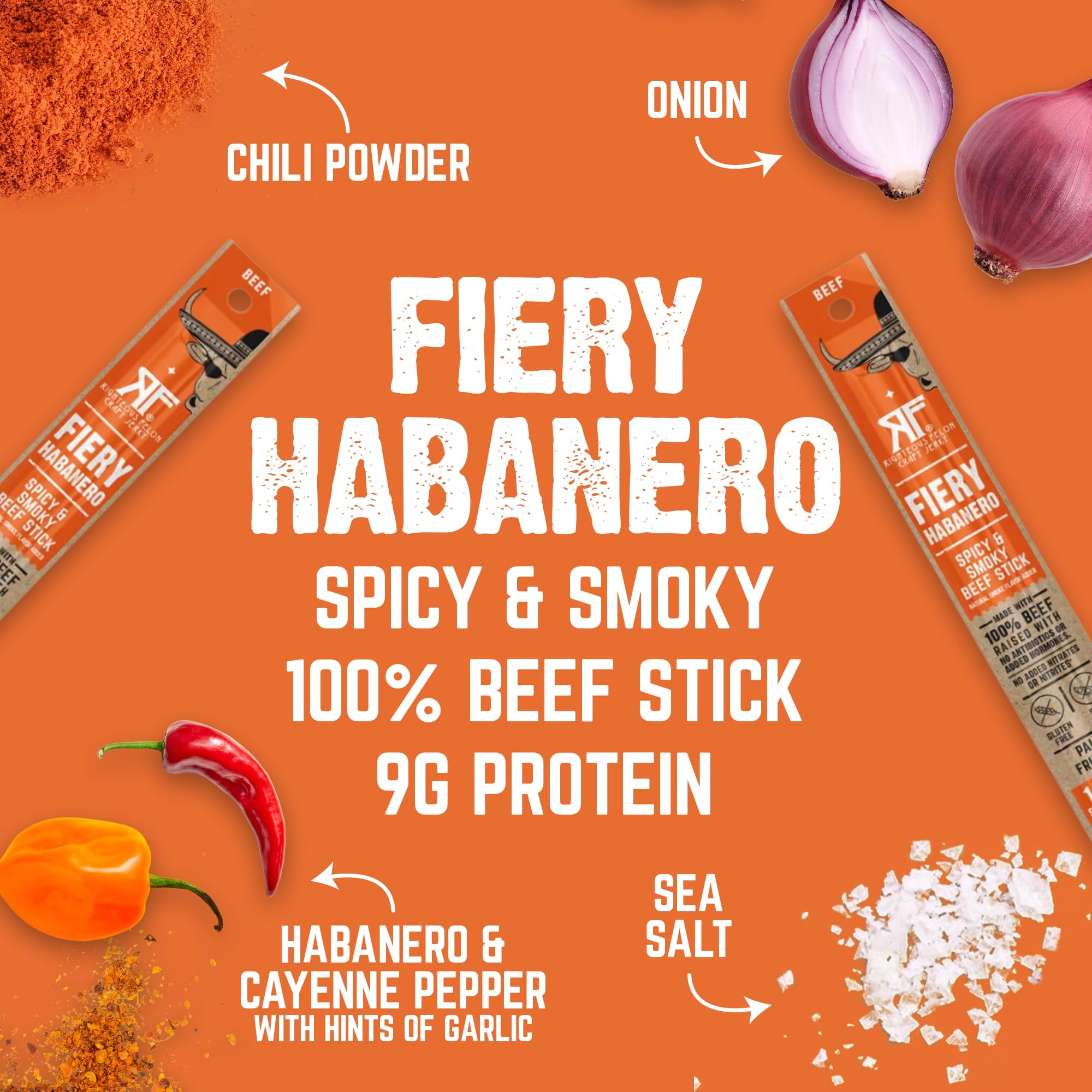 Righteous Felon Grass-Fed Meat Sticks - Low Sugar, High Protein Beef - Fiery Habanero, 24 pack