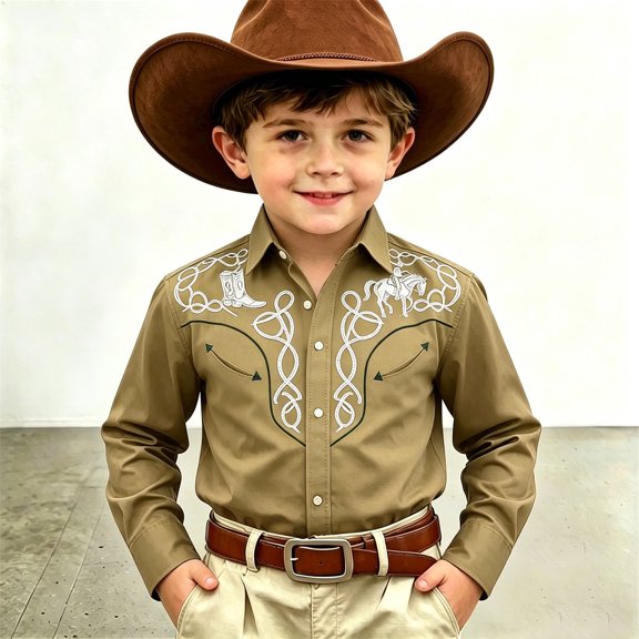 SOFTCCLO Boys Shirts Long Sleeve Lapel Collar Button Down Tops Western Cowboy Print Stylish Casual Kids Shirts Size 4-5Y