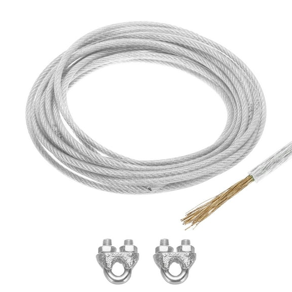 Uxcell 3/16 Clear Vinyl Coated Wire Rope 20ft Galvanized Steel with 2PCS M6 Loop Sleeves